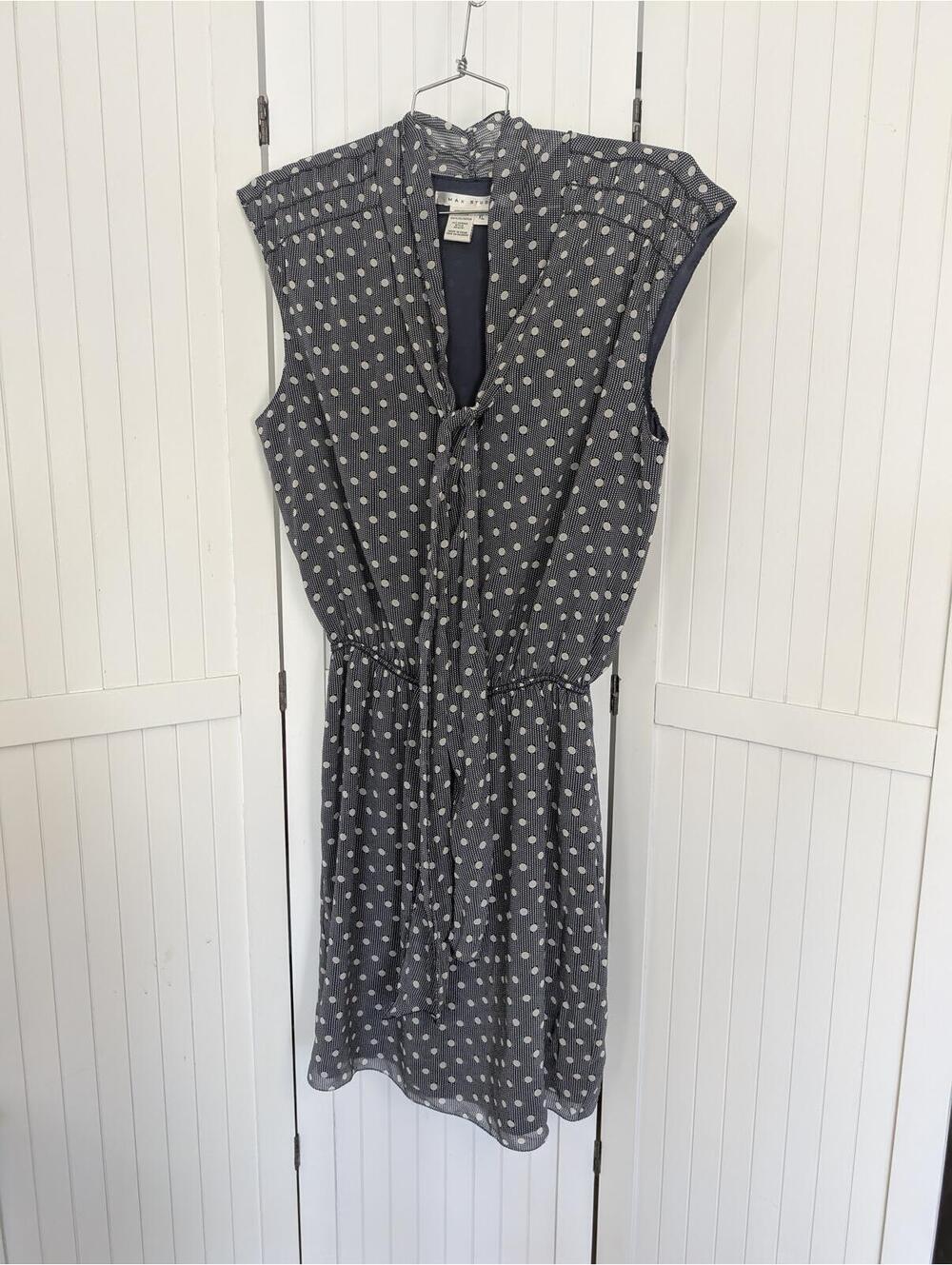Max Studio XL Polka Dot Dress Navy White Tie Neck Sleeveless Midi Career